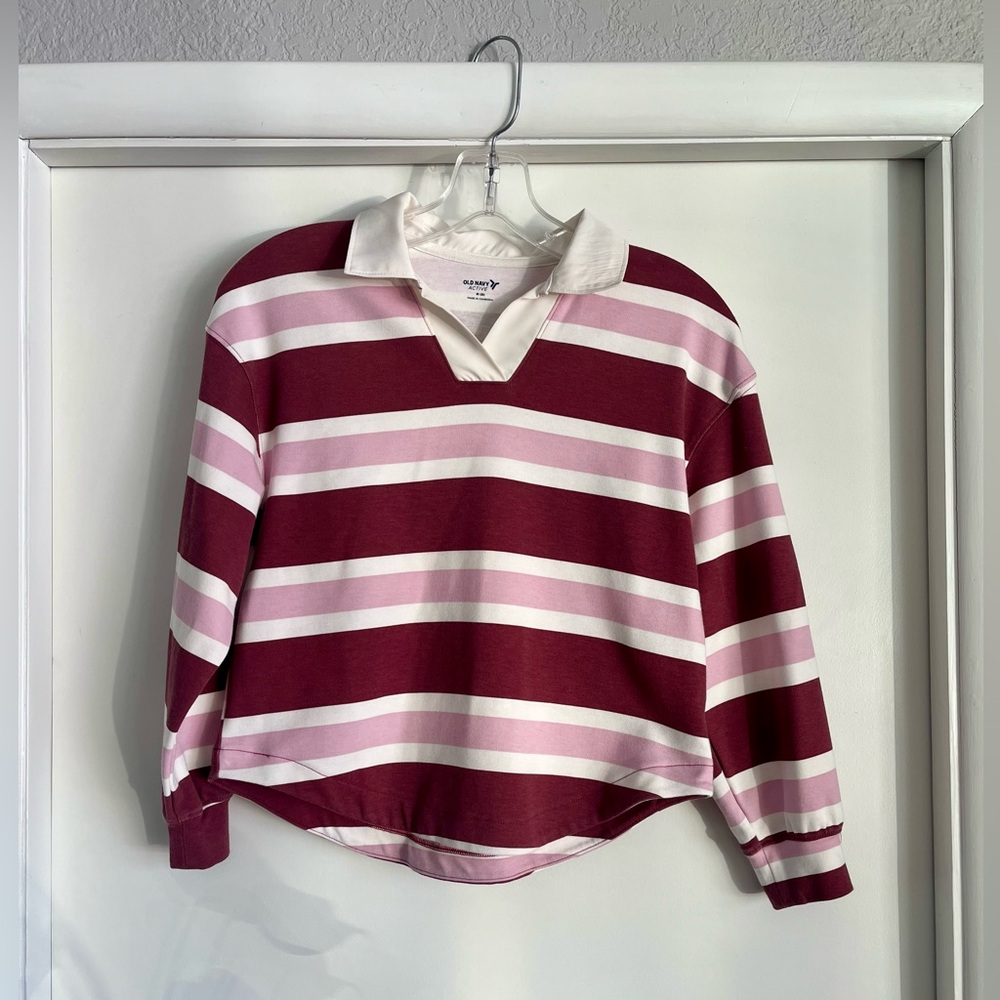 Old Navy Girls Striped Rugby Shirt in Burgundy and White